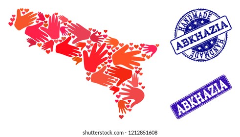 Handmade craft combination of mosaic map of Abkhazia and rubber seals. Mosaic map of Abkhazia designed with red hands. Vector blue seals with unclean rubber texture.