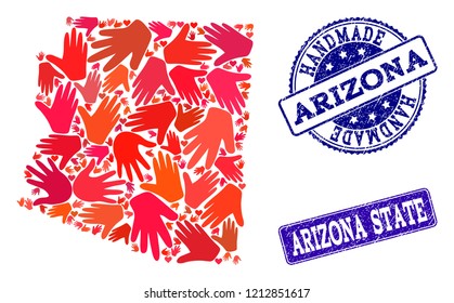 Handmade craft combination of mosaic map of Arizona State and corroded stamps. Mosaic map of Arizona State designed with red hands. Vector blue watermarks with corroded rubber texture.