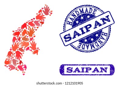 Handmade craft composition of mosaic map of Saipan Island and rubber seals. Mosaic map of Saipan Island designed with red hands. Vector blue watermarks with corroded rubber texture.