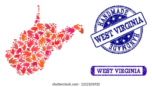 Handmade craft composition of mosaic map of West Virginia State and scratched seals. Mosaic map of West Virginia State constructed with red hands. Vector blue seals with scratched rubber texture.