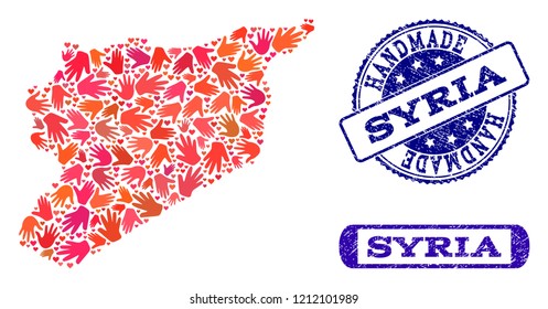 Handmade craft composition of mosaic map of Syria and unclean seal stamps. Mosaic map of Syria constructed with red hands. Vector blue imprints with unclean rubber texture.