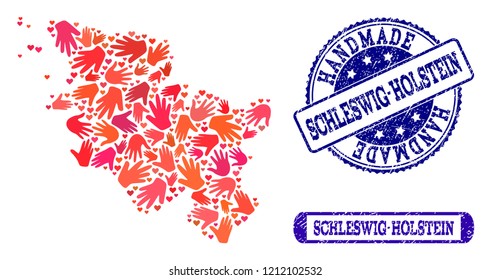 Handmade craft composition of mosaic map of Schleswig-Holstein State and unclean seal stamps. Mosaic map of Schleswig-Holstein State constructed with red hands.