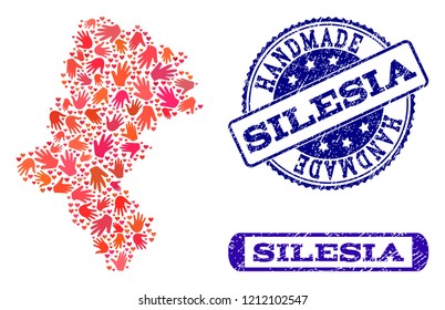 Handmade craft composition of mosaic map of Silesia Voivodeship and rubber seals. Mosaic map of Silesia Voivodeship constructed with red hands. Vector blue seals with corroded rubber texture.