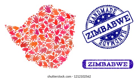 Handmade craft composition of mosaic map of Zimbabwe and corroded seals. Mosaic map of Zimbabwe constructed with red hands. Vector blue seals with corroded rubber texture.