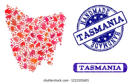 Handmade craft composition of mosaic map of Tasmania Island and dirty seals. Mosaic map of Tasmania Island constructed with red hands. Vector blue seals with retro rubber texture.