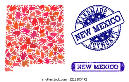 Handmade craft composition of mosaic map of New Mexico State and rubber seals. Mosaic map of New Mexico State constructed with red hands. Vector blue seals with grunge rubber texture.