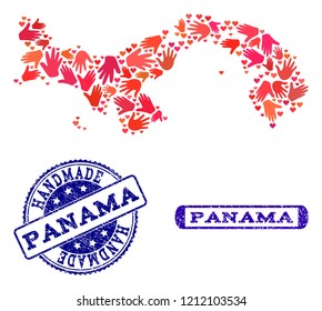 Handmade craft composition of mosaic map of Panama and corroded seals. Mosaic map of Panama designed with red hands. Vector blue seals with corroded rubber texture. Flat design for hand made posters.