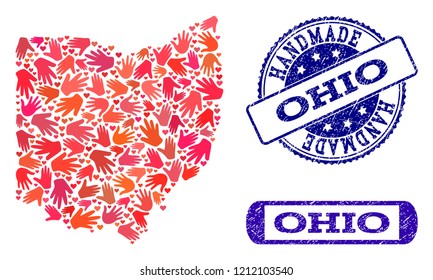 Handmade craft composition of mosaic map of Ohio State and rubber seal stamps. Mosaic map of Ohio State constructed with red hands. Vector blue watermarks with scratched rubber texture.