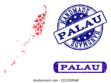 Handmade craft composition of mosaic map of Palau Islands and rubber seals. Mosaic map of Palau Islands designed with red hands. Vector blue seals with distress rubber texture.