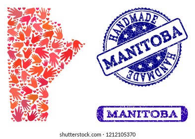 Handmade craft composition of mosaic map of Manitoba Province and rubber seals. Mosaic map of Manitoba Province constructed with red hands. Vector blue imprints with retro rubber texture.
