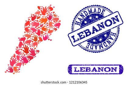 Handmade craft composition of mosaic map of Lebanon and rubber seal stamps. Mosaic map of Lebanon designed with red hands. Vector blue imprints with grunge rubber texture.