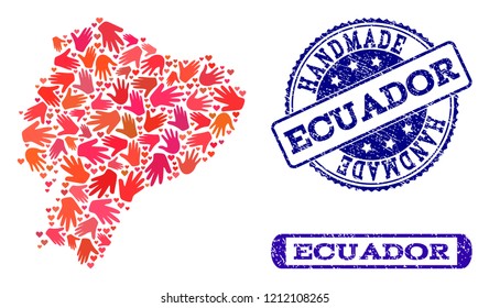 Handmade craft composition of mosaic map of Ecuador and unclean seals. Mosaic map of Ecuador designed with red hands. Vector blue imprints with unclean rubber texture.