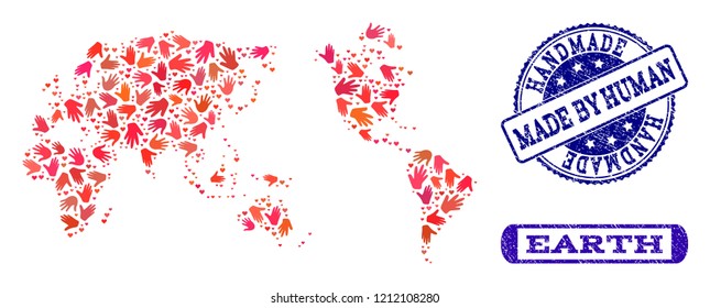 Handmade craft composition of mosaic map of Earth and scratched seals. Mosaic map of Earth constructed with red hands. Vector blue seals with grunge rubber texture. Flat design for hand made posters.