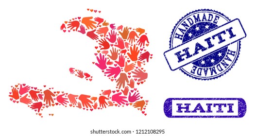 Handmade craft composition of mosaic map of Haiti and rubber seals. Mosaic map of Haiti designed with red hands. Vector blue seals with scratched rubber texture. Flat design for hand made purposes.