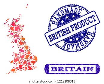 Handmade craft composition of mosaic map of Great Britain and corroded seals. Mosaic map of Great Britain designed with red hands. Vector blue imprints with corroded rubber texture.