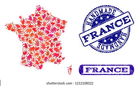 Handmade craft composition of mosaic map of France and rubber seals. Mosaic map of France designed with red hands. Vector blue seals with corroded rubber texture. Flat design for hand made templates.