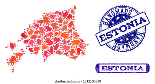Handmade craft composition of mosaic map of Estonia and dirty seals. Mosaic map of Estonia constructed with red hands. Vector blue seals with corroded rubber texture.