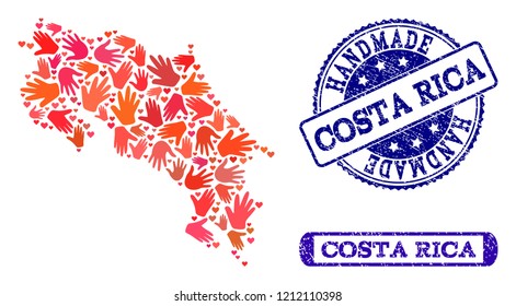Handmade craft composition of mosaic map of Costa Rica and rubber seals. Mosaic map of Costa Rica designed with red hands. Vector blue watermarks with scratched rubber texture.
