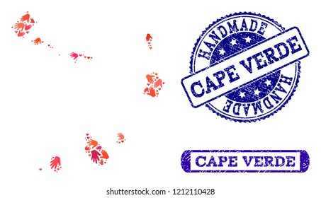 Handmade craft composition of mosaic map of Cape Verde Islands and unclean seal stamps. Mosaic map of Cape Verde Islands constructed with red hands. Vector blue imprints with unclean rubber texture.