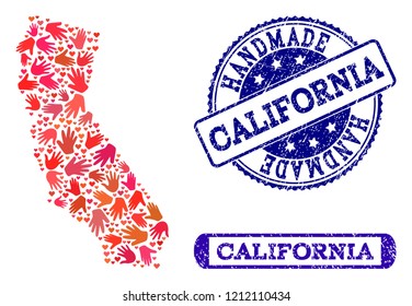 Handmade craft composition of mosaic map of California and rubber seals. Mosaic map of California designed with red hands. Vector blue seals with grunge rubber texture.