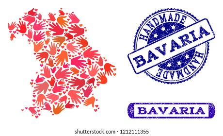 Handmade craft composition of mosaic map of Bavaria State and corroded seals. Mosaic map of Bavaria State designed with red hands. Vector blue seals with scratched rubber texture.