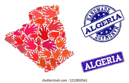 Handmade craft composition of mosaic map of Algeria and rubber stamps. Mosaic map of Algeria designed with red hands. Vector blue seals with unclean rubber texture. Flat design for hand made posters.
