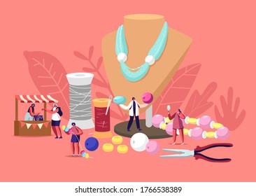Handmade Craft Concept. Tiny Female Characters Jewelry Designers Create and Sell Bijouterie Necklaces, Earrings, Bracelets Using Colorful Beads and Diy Instruments. Cartoon People Vector Illustration