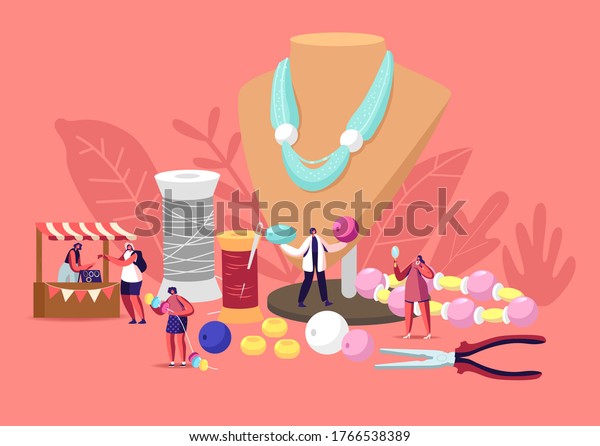 Handmade Craft Concept. Tiny Female\
Characters Jewelry Designers Create and Sell Bijouterie Necklaces,\
Earrings, Bracelets Using Colorful Beads and Diy Instruments.\
Cartoon People Vector\
Illustration