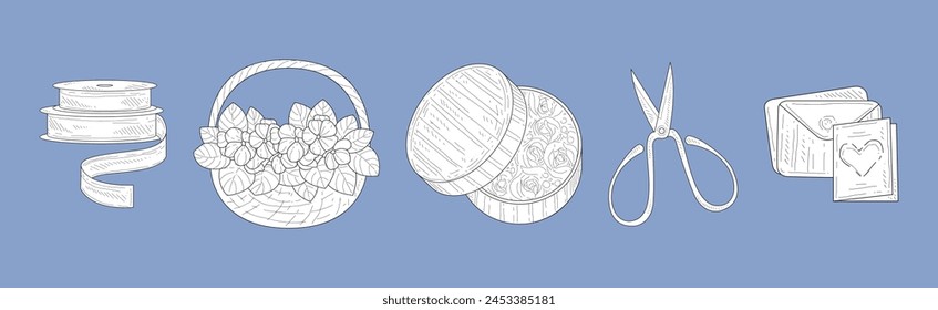 Handmade Craft Element with Tape, Scissors and Flower Bouquet Vector Set