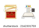 Handmade craft equipment and accessories set. Weaving carpet on handloom vector illustration