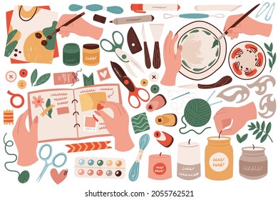 Handmade craft hobby set vector illustration. Cartoon human hands holding scrapbook with love heart, pencil and brush to draw, tailor, knitting and sewing tools handicraft collection isolated on white