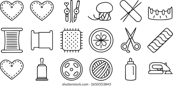 Handmade Craft Icon Set, DIY tools, scissors, brush, thread, pottery, black solid vector collection