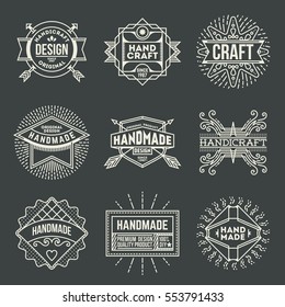 Handmade Craft Insignias Logotypes Line Art Dark Set. Vintage Vector Elements.