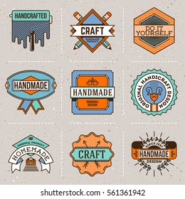 Handmade Craft Insignias Logotypes Line Art Color Set 3. Vintage Vector Elements.