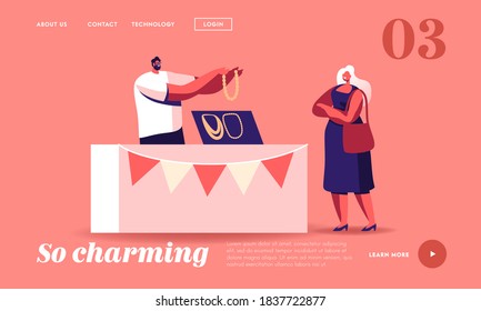 Handmade Craft Landing Page Template. Female Character Choose Bijouterie on Market. Man Seller Hold Beads Made of Amber at Market Booth, Sell Jewelry and Necklaces. Cartoon People Vector Illustration