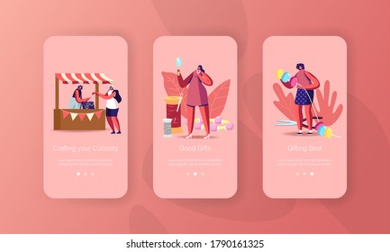 Handmade Craft Mobile App Page Onboard Screen Template. Seller Character Offer Jewelry Made of Beads and Gems. Female Tourist Trying and Buying Bijouterie Concept. Cartoon People Vector Illustration