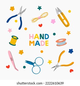 Handmade craft tools set. Beading hobby equipment. Colorful flat vector illustration.