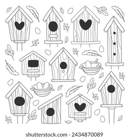 Handmade crafted wooden birdhouses and nests with eggs outline drawing set vector illustration. Wood shelter construction in garden for birds forest habitat. Decorative starling house building