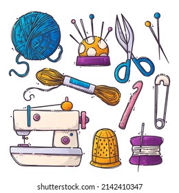 Handmade crafts. Collection creative accessories, consumables and tools, hobbies workshop items. Sewing machine, yarn. Set objects for embroidery, sewing and knitting. Vector hand drawn illustration.
