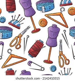 Handmade crafts. Creative accessories, consumables and tools, hobbies workshop items. Seamless pattern for wrapping, backgrounds, wallpapers, textile composition. Vector hand drawn illustration.