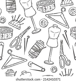 Handmade crafts. Creative accessories, consumables and tools, hobbies workshop items. Seamless pattern for wrapping, backgrounds, wallpapers, textile composition. Vector hand drawn illustration.