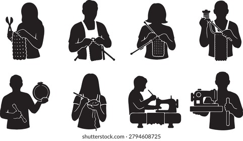 Handmade crafts creators. People using sewing machines and needles for creative projects.