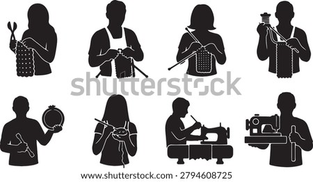 Handmade crafts creators. People using sewing machines and needles for creative projects.