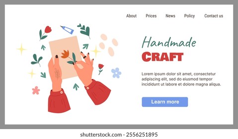 Handmade crafts landing page. Tools for hobbies. Handicraft accessory. Creative card decorated with herbarium flowers. Website design template. Artisan workshop. DIY creativity. Vector web background