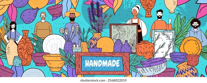 Handmade crafts market with diverse people showcasing pottery plants and art in vibrant colors abstract background decorative elements