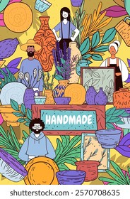 Handmade crafts market vibrant pottery plants people colorful decorative art poster background