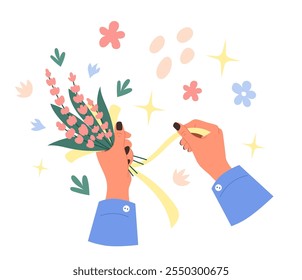 Handmade crafts. Person making bouquet. Person decorating flowers with ribbon. Hobby and florist craftsmanship. Handiwork accessories. Woman arms holding blooming blossoms. Vector creative artisan