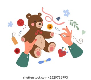 Artesanía artesanal. Juguete de costura de persona. Herramientas para hobbies. Hilo de bordar de manos humanas con aguja. Accesorio de artesanía. Artesanía creativa. Oso de peluche hecho a mano. Concepto de costura artesanal de Vector