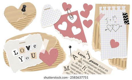 Handmade crafts for Valentine's Day. Declaration of love. Scrapbooking clip art elements made of paper and corrugated cardboard. Vector illustration isolated on transparent background.