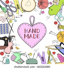 Handmade, crafts workshop, art fair and festival poster. Knitting, yarn, hand made supplies. Doodles.